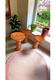 Resim Ahşap Mantar Sehpa 3 Lü Fındık Renk Doğal Zigon Fiskos Kahverengi 