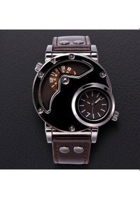 Resim Yaozixa Erkek Spor Kol Saati, Büyük Gösterge Paneli, İki Zaman Dilimi, Çift Mekanizma, Akıllı Fonksiyonlu Kahverengi Deri Kordonlu 9591 Çok Renkli 