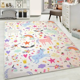 Resim HV267 Unicornlu Çocuk Oyun Halısı - Yumuşak, Kolay Temizlenebilir, 3 Kalite Seçeneği - 100x200 / Parlak Kadife Kumaş - Pamuk Dokuma Taban 