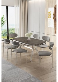 Resim Canisa Olya Serisi 90x168 Lak Panel Antrasit İroni Masa Takımı Krom Ayaklı 6 Gri Sandalye Antrasit İroni Masa Gri Sandalye 