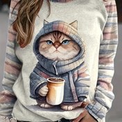 Resim Kitten Desenli Bisiklet Yaka Sweatshirt, Günlük Uzun Kollu Düşük Omuz Sweatshirt, Kadın Giyim 