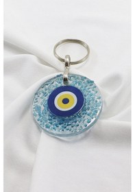 Resim El Yapımı Kırıntılı Turkuaz Cam Nazar Boncuklu Anahtarlık, Hediye 