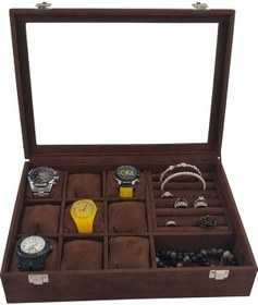 Resim Saat Kutusu 9'Lu Takı Bölmeli Alcantara Kahve 