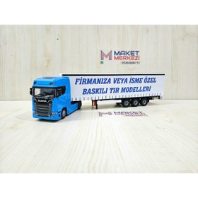 Resim Maket 33 cm uzunlukta 1/50 ölçek Mavi SCANIA 770S TIR MAKETİ (firma ismi yazılabilir) 