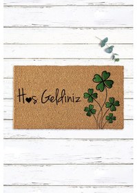 Resim Hoşgeldiniz Yazılı Yeşil Yonca Tasarımlı Kapı Paspası 