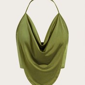 Resim Kadınların Şık Halter Üst - %100 Polyester Örgü Kumaş, Asimetrik Etek, Omuzdan Aşağı Yaka, Düz Renk, Orta Esneme, Kolsuz, Yaz Casual Parti Giysisi, H-Kontur, Normal Beden, 100g/m² - Kontrast Yaka Detayı 