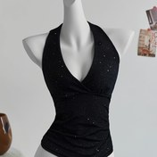 Resim Kadınların şık V-Neck Payetli Atleti, Bağcıklı Detaylı - Kolsuz, Yazlık Şık, Siyah Parıltılı Düz Renk, Günlük veya Parti Giyim için, Şık Kıyafet | Vneck Tasarımı | Polyester Kumaş 