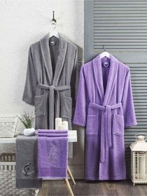 Resim 4 Parça Aile Bornoz Seti Kadın Erkek Havlulu Bornoz Takımı 100 Gri Lavanta 001 