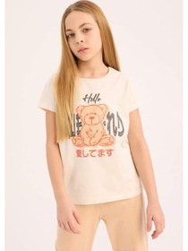 Resim DeFacto Kız Çocuk Pijama Takımı Baskılı Kısa Kollu Üst Beli Lastikli Uzun Alt E0543A825SMER85 Ekru 