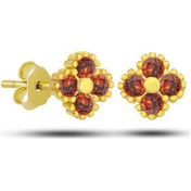 Resim Gümüş Gold Yonca Çivili Kırmızı Taşlı Çocuk Küpe 