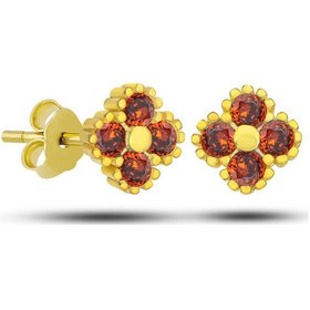 Resim Gümüş Gold Yonca Çivili Kırmızı Taşlı Çocuk Küpe 