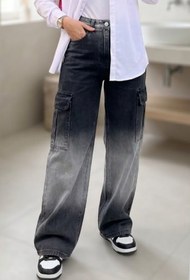 Resim Tesettür Diyarı Kadın Kargo Cepli Baggy Kot Pantolon- Gri Siyah 