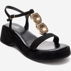 Resim Matt Siyah Süet Tokalı Dolgu Tabanlı Kadın Sandalet Siyah 