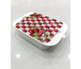 Resim Pinkev Temperli Cam Kapaklı Melamin Tepsili 4lü Cam Kahvaltılık Seti - Nar Desenli 