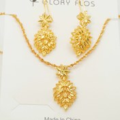 Resim 24K Altın Kaplama Yaprak Tasarım Mücevher Seti, Basit Şık Etiyopya Düğün Stili Küpeler ve Kolye, Günlük ve Özel Durumlar için, Bakır Malzeme, Mozaik Yok, Tüm Mevsimlere Uygun 