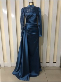 Resim Yıldızlar Kadın Sağ Tarafı Taşlı Önü Volanlı Belden Oturtmalı Saten Tesettür Abiye Snr5059 5059indi 