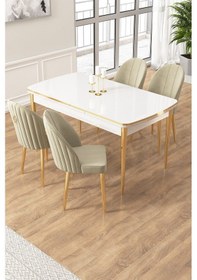 Resim Canisa Edaf Serisi 80x132 Açılabilir Beyaz Mutfak Masa Takımı 4 Krem Sandalye Gold Detay Masa Beyaz Sandalye Cappucino Ayak Gold 