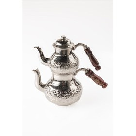 Resim Dmt Gaziantep Bakır Çaydanlık Takımı Ağır El Zımbası Alt:12 Cm Üst:8,5cm Toplam:1,3lt Ahşap Kulp Gümüş 