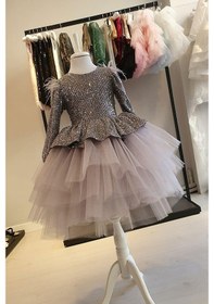 Resim Omzu Tüylü V Sırt Payetli Kız Çocuk Elbise - Çocuk Abiye Elbise - Kız Abiye - Çocuk Mezuniyet Elbisesi Çok Renkli 