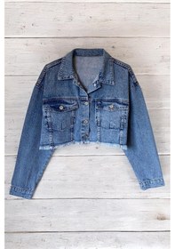 Resim Kadın Taşlı Oversize Mavi Kot Ceket 