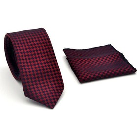 Resim Gaffy Lacivert Piti Kare Desenli Bordo Dokuma Kumaş Mendilli Slim Fit Kravat // Sdk-2503-6 Bordo 