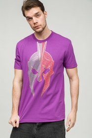 Resim BERNOTTİ79 Sıfır Yaka T-shirt Mor Varak Baskılı Diemsi Taş Işlemeli Erkek 