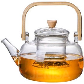 Resim Ahşap Saplı Cam Filtreli Demlik 1000 Ml - Isıya Dayanıklı Cam Bitki Çayı Demlik Şeffaf 