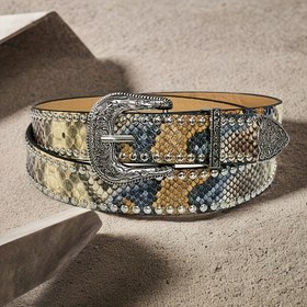 Resim Yılan Desenli Kemer Sokak Stili Çivili Sarı Yılan Baskılı Bel Bandı Punk Moda Kot Pantolon Kemeri Dekoratif Ceket Elbise Tokalı Şık Bel Bandı 