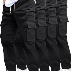 Resim 4 adet şık düz renkli erkek iş pantolonu, çoklu kapaklı cepler tasarımıyla, açık hava rahat ve trend iş tarzında bir kıyafet oluşturuyor 