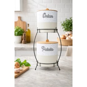 Resim Feyza Design Bambu Kapaklı Metal Patates ve Soğanlık, Taş Desenli, Standlı, Şık Tasarım 