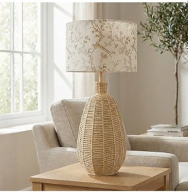 Resim Vanya Bej Gövde Baskılı Krem Başlık Rattan Dekoratif Abajur Bej 