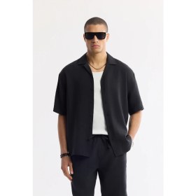 Resim AVVA Erkek Siyah Apaj Yaka Soft Touch Kısa Kol Oversize Fit Gömlek A51Y2006 