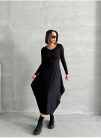 Resim ladyzey kadın siyah bisiklet yaka uzun kollu şalvar elbise 