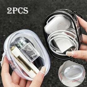 Resim 2 adet Şeffaf PVC Taşınabilir Kablo Düzenleyici Kutular Siyah Tutacaklarla - Dayanıklı Seyahat Depolama Torbaları Kablo, Şarj Cihazları ve Kulaklıklar için, Günlük Kullanım için Kompakt Tasarım, Kablo Depolama Kutusu, Günlük Düzenleme, Minimalist Tasarım, Şeffaf Görünüm 