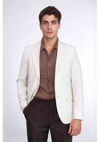 Resim Ekru Çizgili Keten Dokulu Gold Renk Metal Düğmeli Slim Fit Erkek Blazer Ceket Wessi Cream 