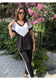 Resim Soonaksesuar Kadın Kısa Kollu V Yaka Siyah Beyaz Renkli Viskon Iki Iplik Kumaş Eşofman Takımı Siyah 