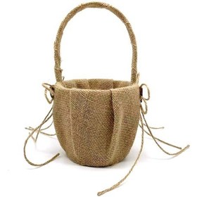 Resim Mufunye Düğün Çiçek Kız Sepeti Vintage Rustik Stil Fiyonk Çift Ahşap Kalp Tasarım Çuval Bezi Hessen Düğün Çiçek Sepeti 