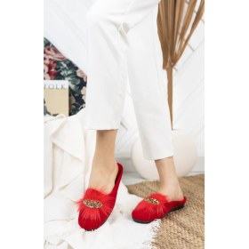 Resim Moda Fırsat Kırmızı Tüylü Taşlı Kadın Terlik Tüylü Şık Ev Terliği Süslü Çeyiz Doğum Misafir Yılbaşı Terliği 