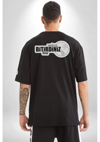 Resim Yediniz Bitrdiniz Beni Yazılı Pamuklu Unisex Oversize Sırt Dijital Baskılı Siyah T-shirt Siyah 