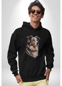 Resim Australian Shepherd Köpek Kadın Erkek Siyah Kapüşonlu Sweatshirt Hoodie Siyah 