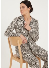 Resim Luxury Viscose Siyah Beyaz Leopar Desenli Kadın Uzun Kollu Pijama Takımı 42570 LEOPAR 