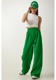 Resim Trend Alisse Kadın Yeşil Beli Cırt Cırtlı Pileli Bol Paça Palazzo Pantolon Wide Leg Yeşil 