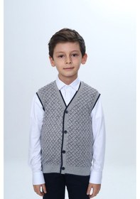 Resim Toontoy Kids Toontoy Erkek Çocuk V Yaka Düğmeli Triko Yelek - Diagonal Desenli Gri 