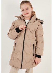 Resim Lela Peluş Astarlı Yakası Suni Kürklü Çıkarılabilir Kapüşonlu Kışlık Kız Çocuk Mont 5761905 Vizon 