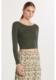 Resim Tudors Kadın Slim Fit Dar Kesim Modal Kumaş Uzun Kollu Bisiklet Yaka Haki Bluz-33728 haki 
