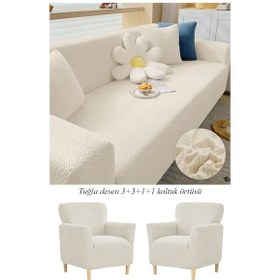 Resim Upmall Tuğla Desen Koltuk Örtüsü Çekyat Kılıfı 3311 Takım Krem 