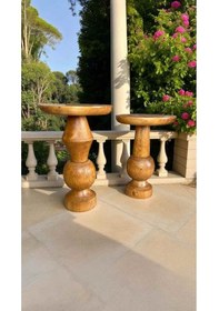 Resim Doğal Tik Renk Ahşap Yan Sehpa Takımı 2'li Masif Zigon Ve Fiskos Kahverengi 