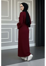 Resim Defymoda Kadın Kırmızı Ribanalı / Fitilli Uzun Tesettürlü Kışlık Elbise - Çan Kol Detaylı Astarlı/örme Kırmızı 