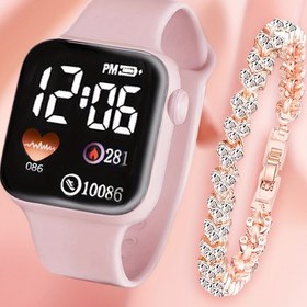 Resim 2 adet Zarif Kadın Saat Seti Rose Altın Bilezik ile - Kalp ve Fitness Takibi İkonları ile Dijital Elektronik Saat, Doğum Günleri, Eid Al Adha ve Festivalik Hediyeler için Mükemmel, Rahat Tarz, Rahat Giyim|Zarif Saat Seti|Dijital Ekran 