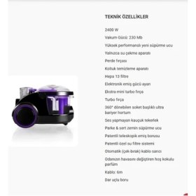 Resim Arnica Bora 2400W Özel Su Filtreleme Teknolojisi Sayesinde Tozları Suya Hapseden Kötü Kokuları Engelleyen Yüksek Performanslı ve Hepa Filtreli Hijyenik Temizlik Robotu Mor Süpürge ET11372 